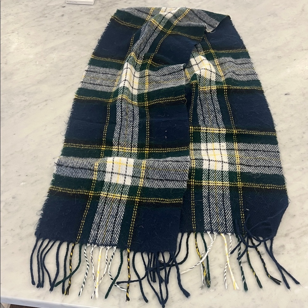 Plaid Fringe Scarf in Blue and Green